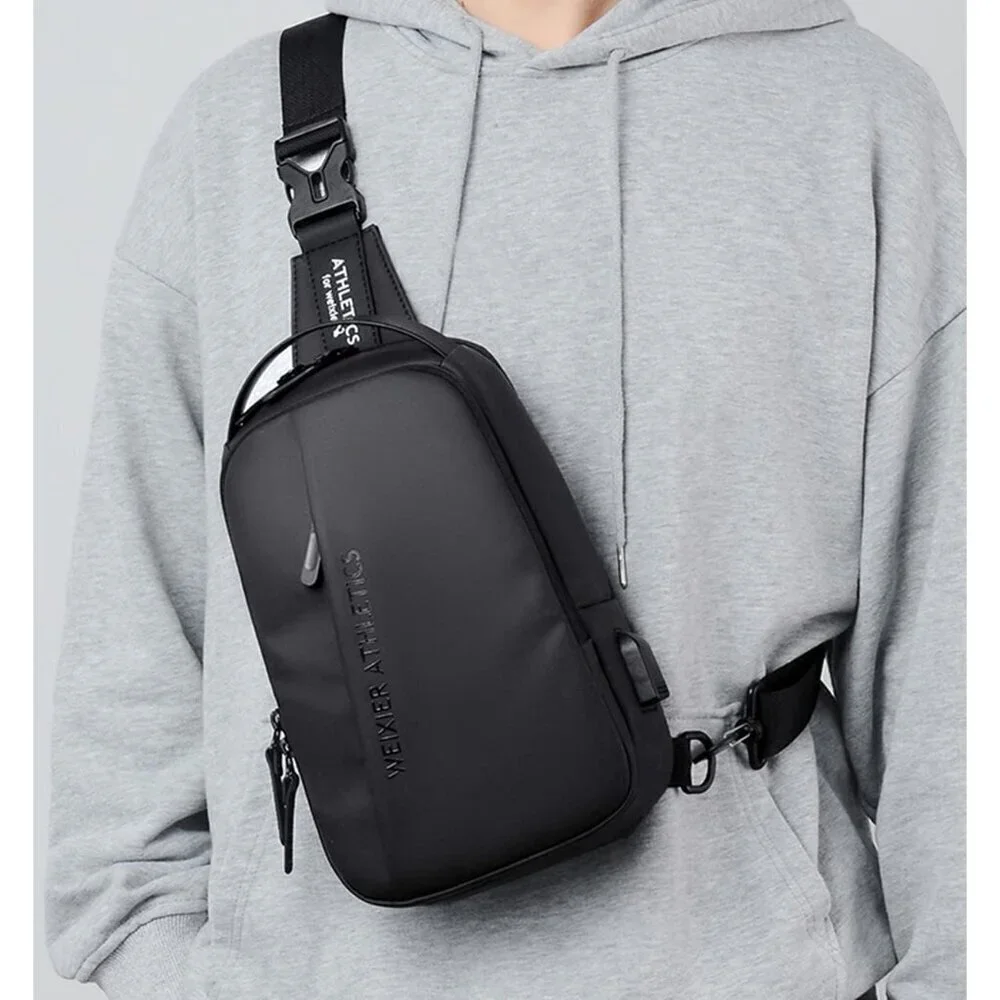 💫 Men Black Crossbody Bag Sling Waterproof USB Charging Port Headphone Backpack
